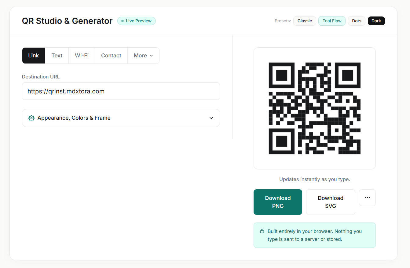 QRinst dashboard — generating and customizing a live QR code